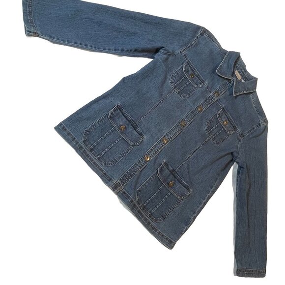 Erika Stretch Blue Cotton Denim Women’s Jeans Jacket Small Metal Button Up - Picture 2 of 6